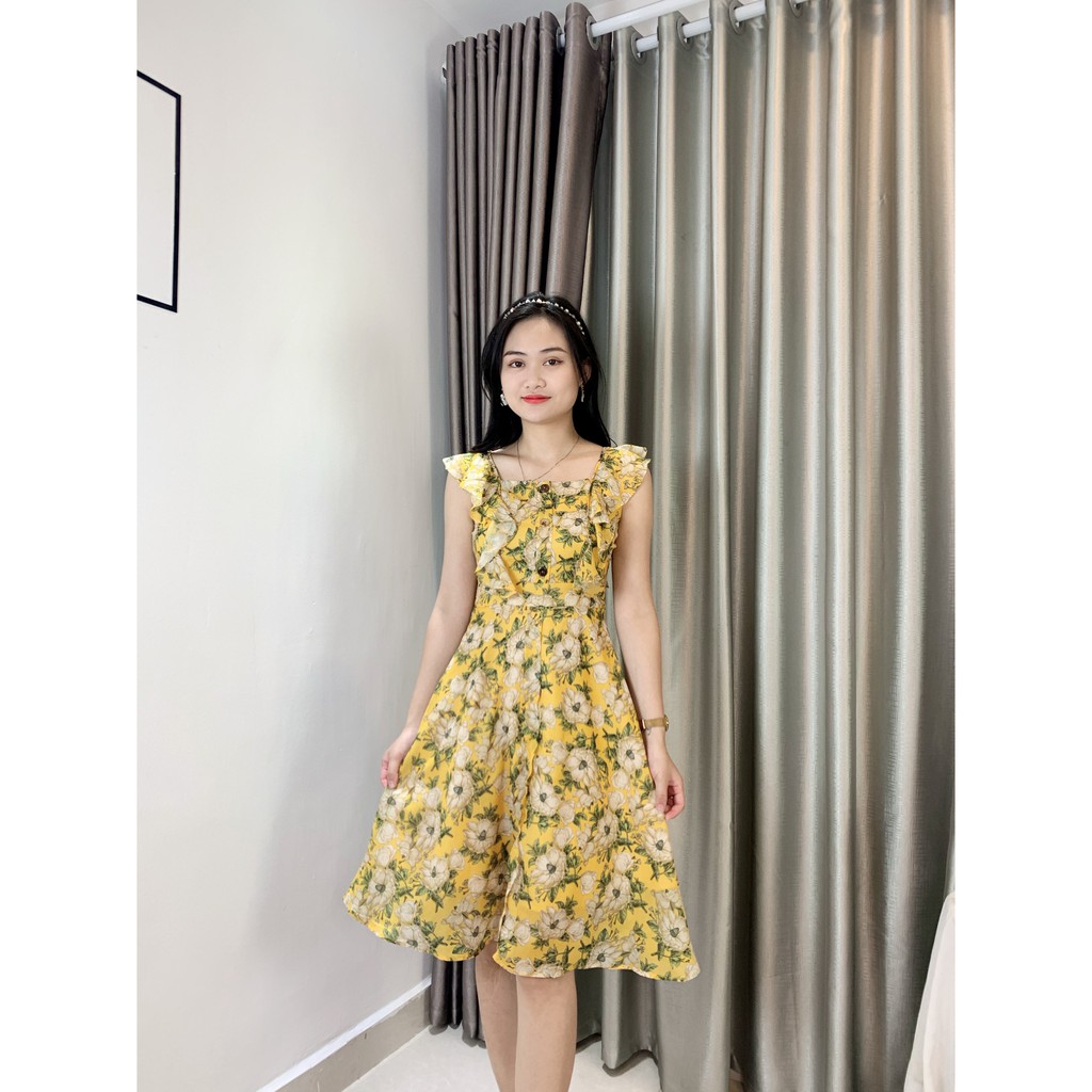 [Mã WASTMINI giảm 10% tối đa 30K đơn 150K] Váy Xòe hai dây, họa tiết hoa, chất Lụa Hàn ,dày dặn EMVY - V49 | BigBuy360 - bigbuy360.vn