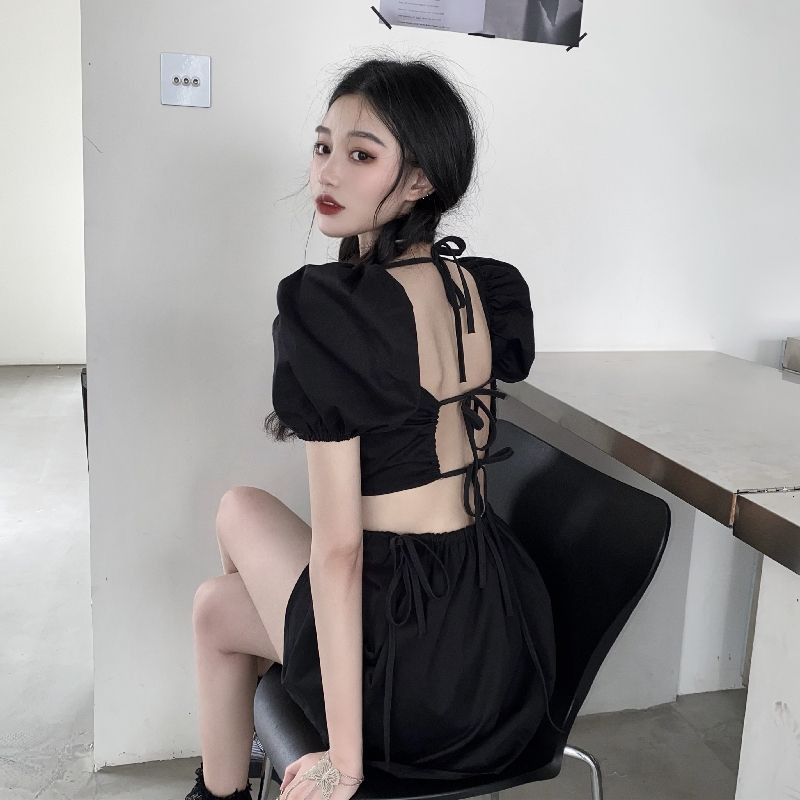 [𝑭𝒓𝒆𝒆𝒔𝒊𝒛𝒆] Váy cổ vuông tay phồng thắt dây nơ sau lưng quyến rũ váy ulzzang full 3 màu hot hit