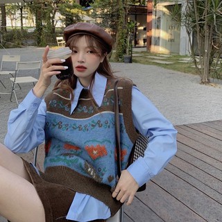 Set áo sơ mi cổ Peter Pan + áo gile len hoạ tiết ulzzang Hàn Quốc - Yannie