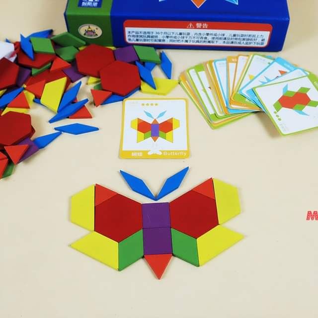 BỘ ĐỒ CHƠI - PATTERN BLOCK - GỖ MỊN ĐẸP (130 MIẾNG GỖ + 24 THẺ)