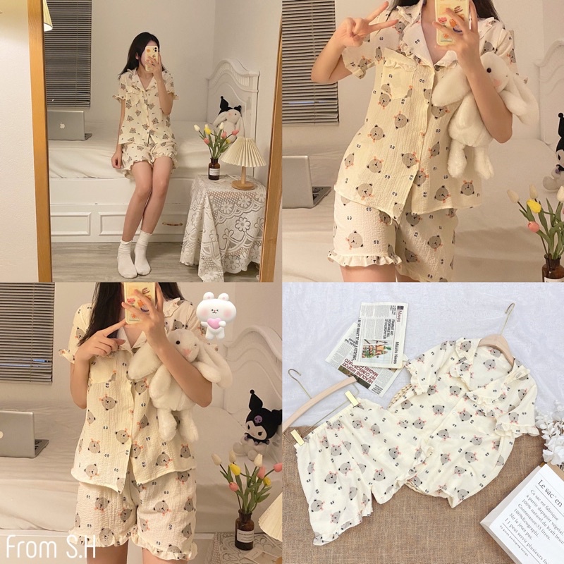 Sét bộ ngủ pyjama cổ tròn chất đũi xốp hoạt hình dễ thương