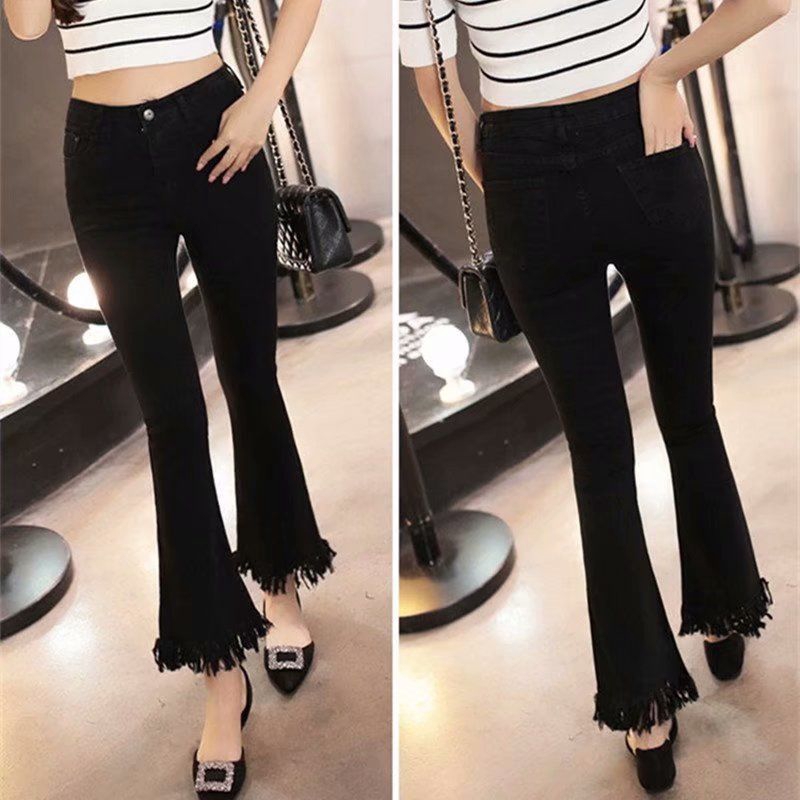 Women Tassel Flare Jeans Pants Fashion High Waist Wide Leg Button Zipper Jeans