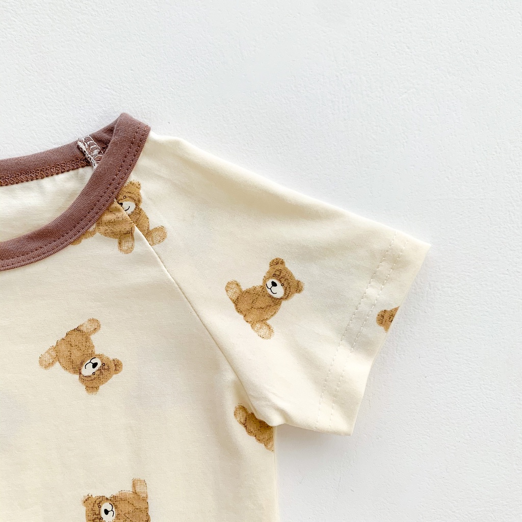 Bộ Áo Liền Quần Tay Ngắn Chất Liệu Cotton In Hình Gấu Kèm 1 Nón Cho Bé Sơ Sinh 0-2 Tuổi