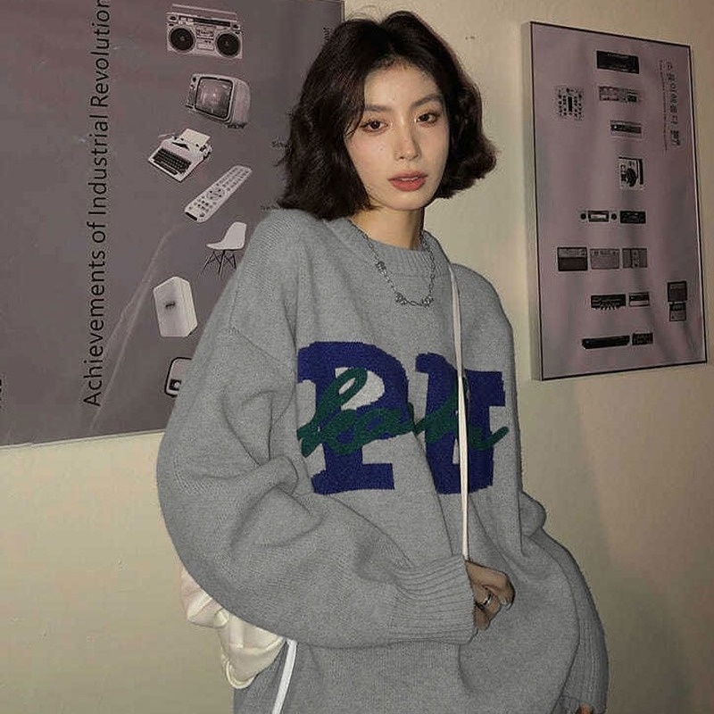 Áo sweater dệt kim dáng rộng in chữ kiểu Retro Mỹ thời trang xuân thu