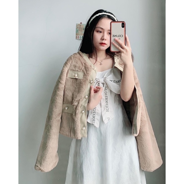 SĂN - Áo khoác lông Mịn mix viền da cao cấp