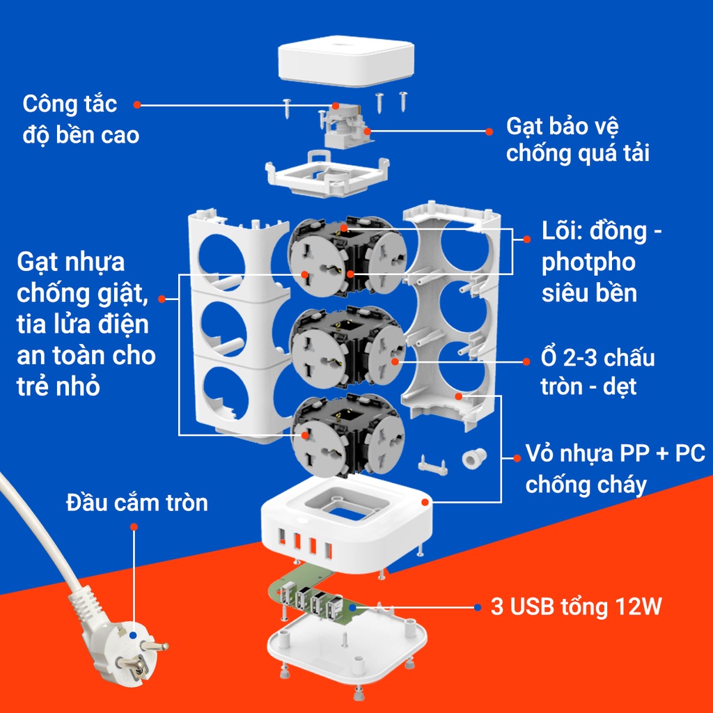 Ổ Cắm Điện Đa Năng SHOPTIDA Hình Tháp Nhiều Tầng T8/ T12 Chịu Tải 3600W, An Toàn Chống Cháy Chống Giật, Dây Dài 3 và 4m