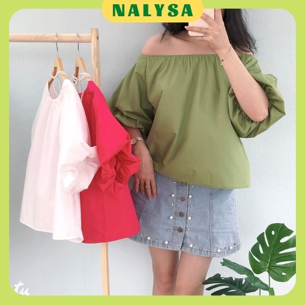 Áo nữ kiểu NALYSA trễ vai tay phồng 2 lớp form rộng màu hot A002