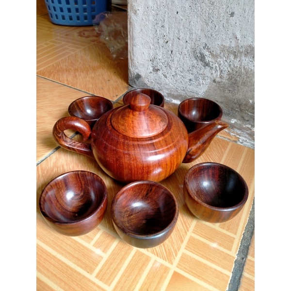 Bộ ấm chén gỗ trắc đỏ đen hàng già đanh