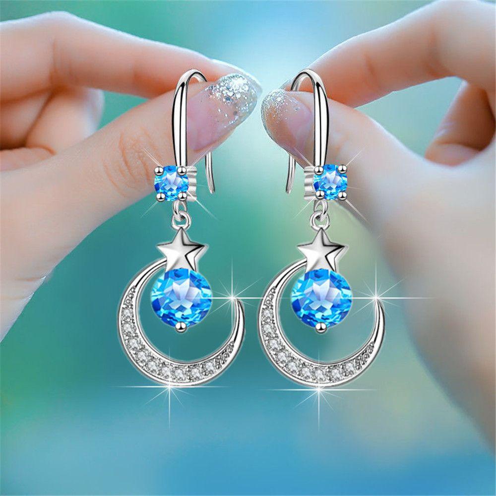 Bông Tai Hình Mặt Trăng Và Ngôi Sao Đính Đá Nhiều Màu Sắc Phong Cách Hàn Quốc Dành Cho Nữ