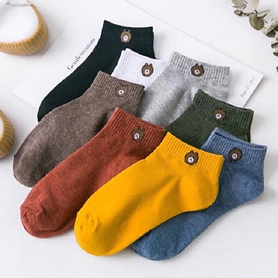 Set 10 đôi tất gấu vớ nữ cổ ngắn chất cotton hình gấu brown kèm túi gấu
