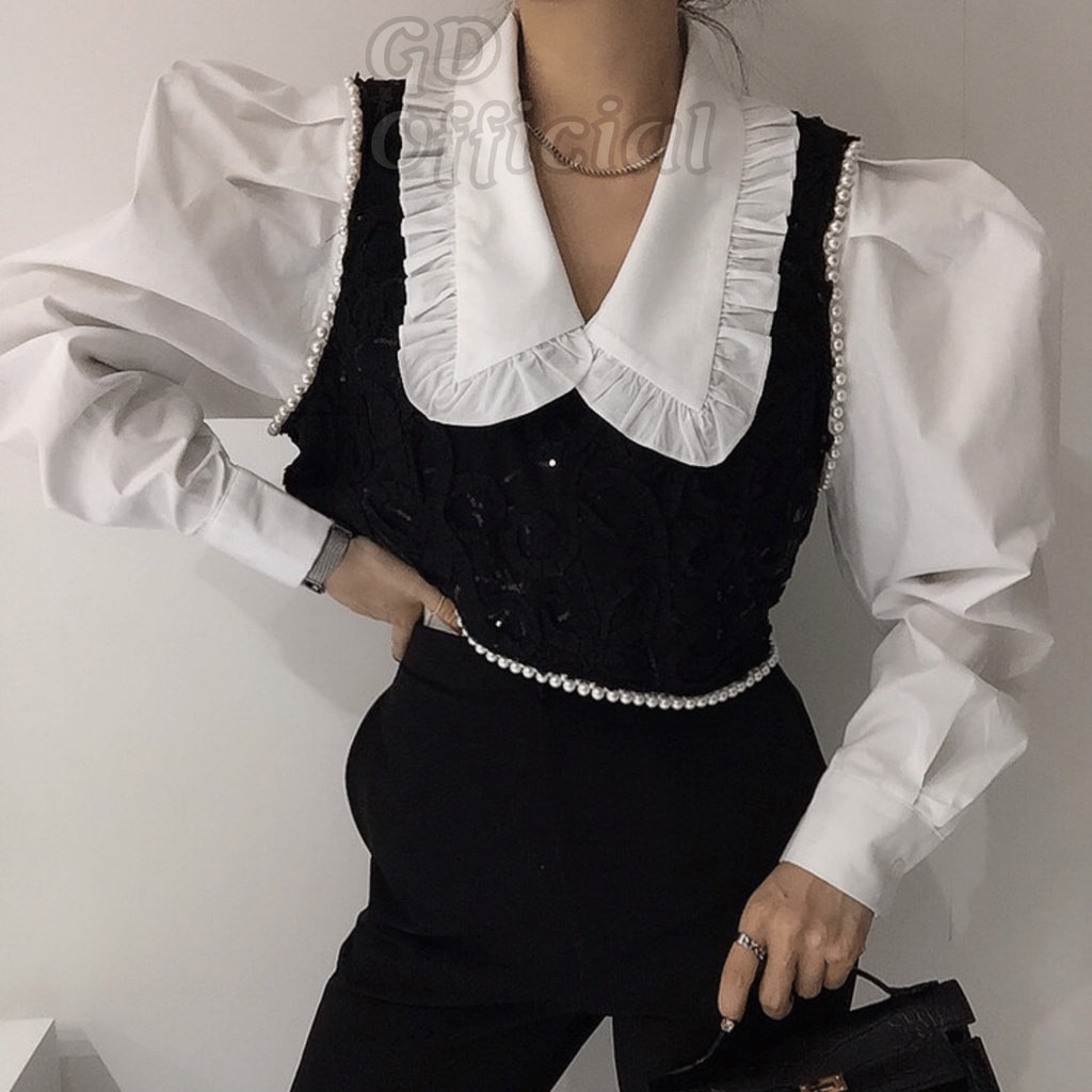 A24|Áo sơ mi Hàn quốc công sở cá tính kèm gile dáng croptop trắng đen cho nữ gd_order
