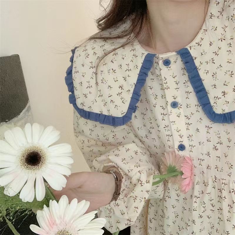 Bộ Đồ Ngủ Tay Dài Phối Ren Hoa Ngọt Ngào Phong Cách Hàn Quốc Cho Nữ
