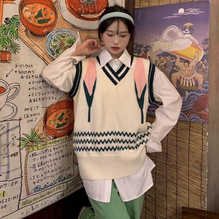 Áo len không tay cổ chữ V màu sắc tương phản phong cách Hàn Quốc