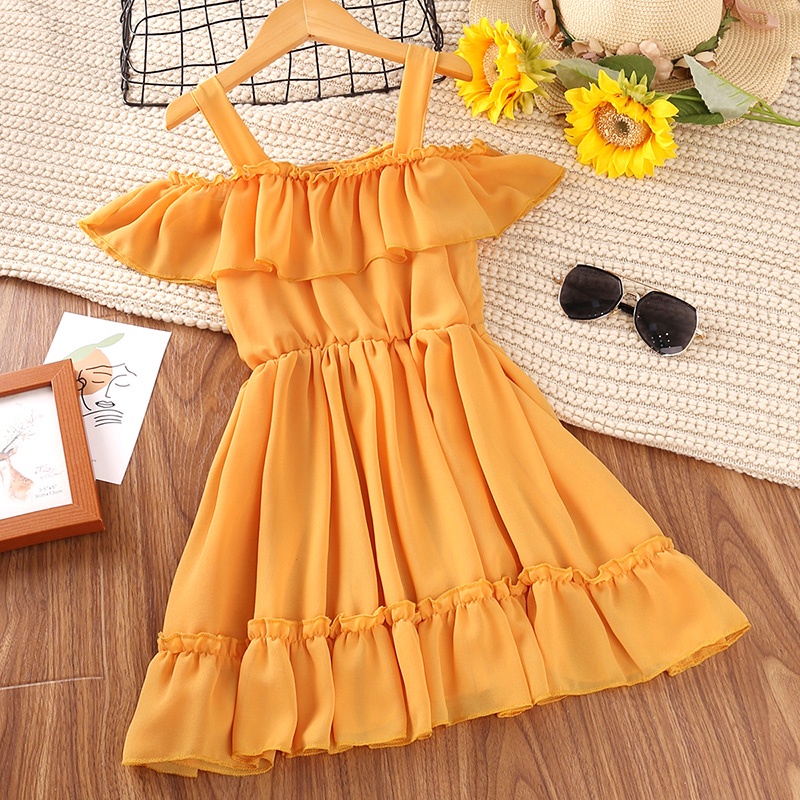 SIYYIS Đầm Công Chúa Chất Chiffon Hở Vai Màu Vàng Thời Trang Mùa Hè Xinh Xắn Cho Bé Gái