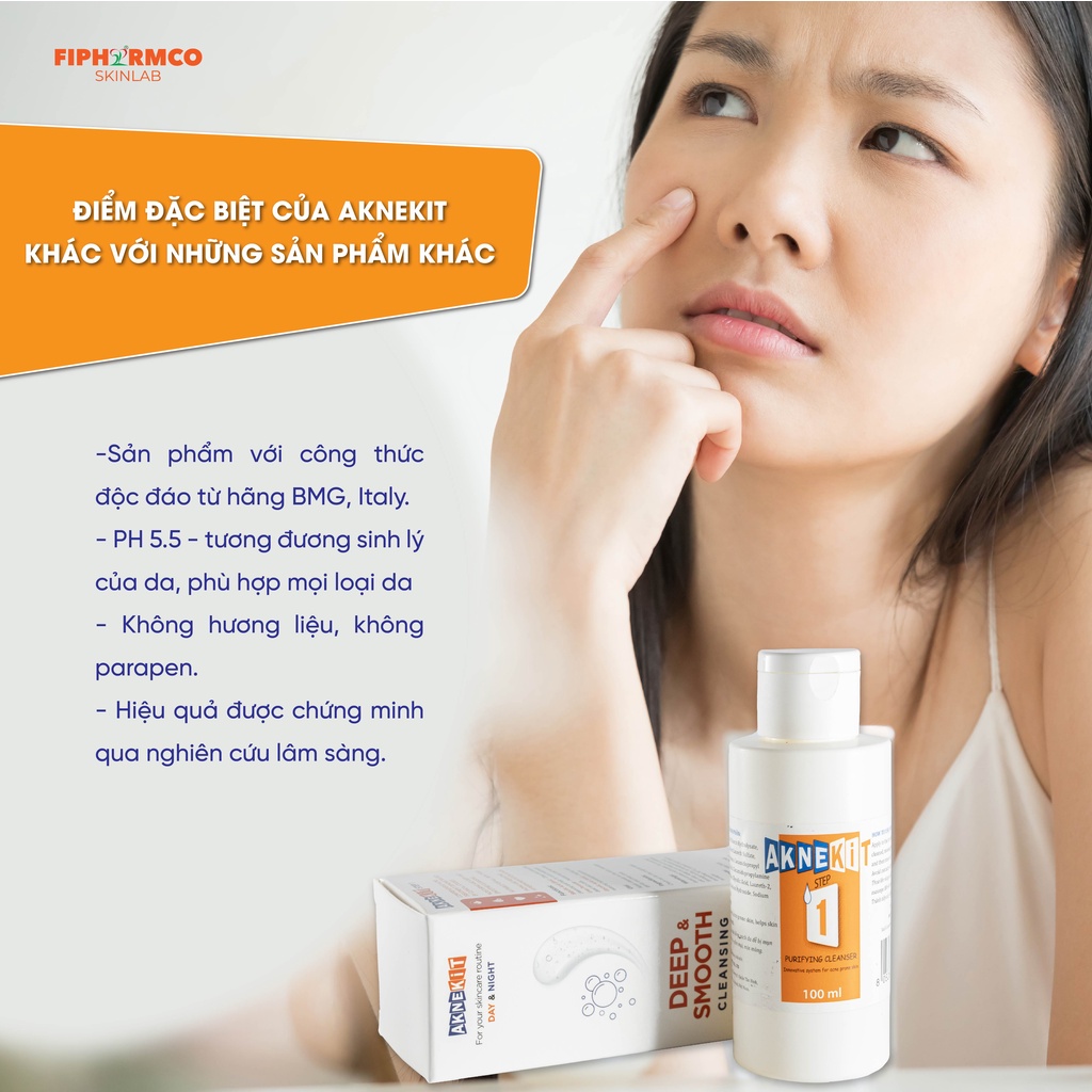 Sữa rửa mặt AKNEKIT từ Ý cho da nhờn mụn, mờ sẹo giảm thâm, làm sạch sâu và giữ ẩm với BHA, AHA và Urea Peroxide