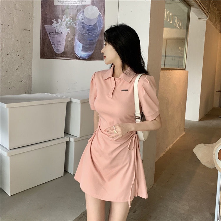 AMOI Đầm Ngắn Tay Cổ Polo Phối Dây Rút Thời Trang 2022 Dành Cho Nữ