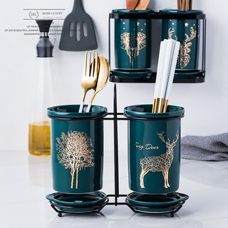 Ống cắm đũa đôi sứ xanh cao cấp khung thép | ống cắm đũa 2 xanh ngọc bích họa tiết vàng kim khung kim loại
