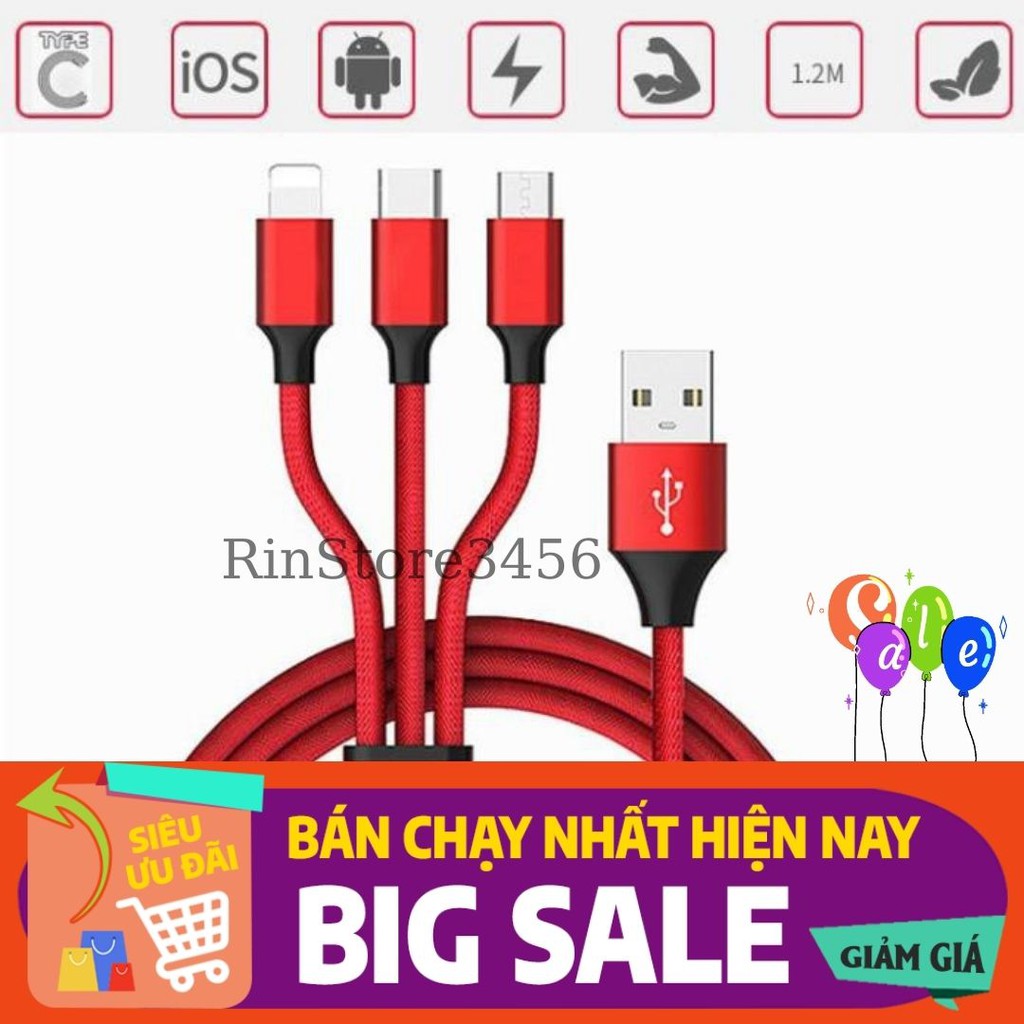Cáp Sạc dây 3 đầu usb đa năng 3 đầu sạc hỗ trợ sạc nhanh tiện dụng dành cho Iphone và Samsung