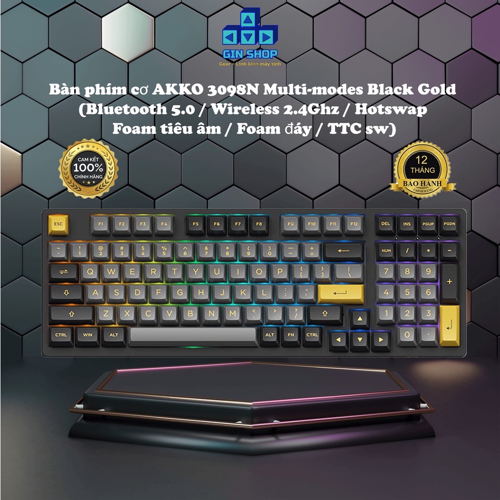 Bàn phím cơ AKKO 3098N Multi-modes Black Gold (Bluetooth 5.0 /Wireless 2.4Ghz /Hotswap /Foam tiêu âm