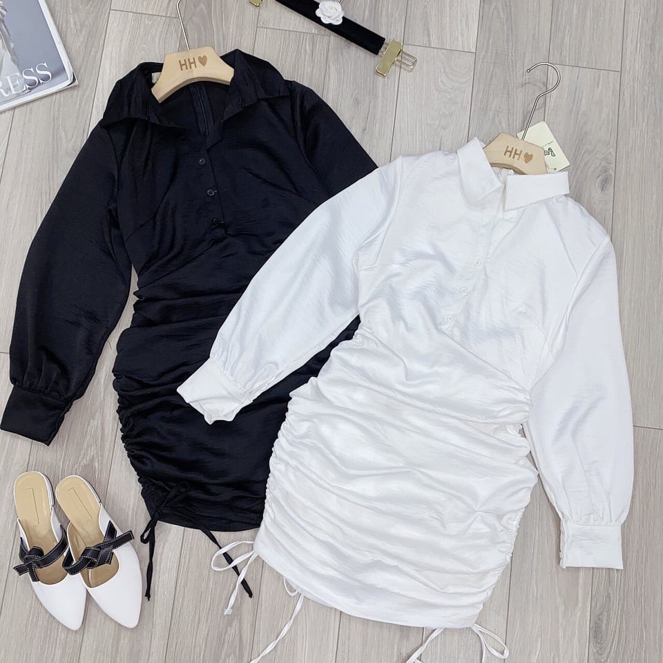 Đầm ôm nữ cổ nhún sơ mi cài nút thật 2 màu ( có mút ngực ) | BigBuy360 - bigbuy360.vn