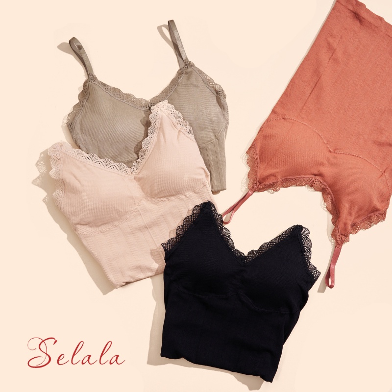 Áo 2 Dây Selala Dáng Dài Gân Tăm Viền Ren Co Giãn 4 Chiều 2S08