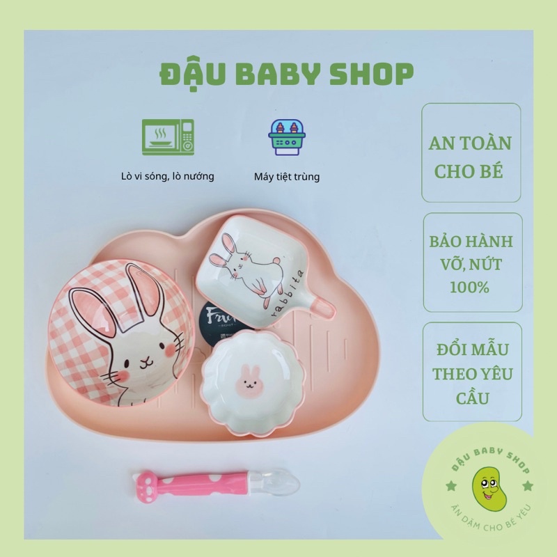 Combo bát ăn dặm gốm sứ màu hồng, hình thù dễ thương cho bé