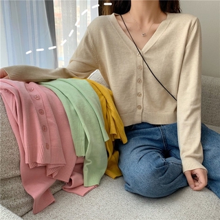 Áo Khoác Cardigan Dệt Kim Mỏng Tay Dài Màu Trơn Cổ Chữ V Thời Trang Hàn Quốc