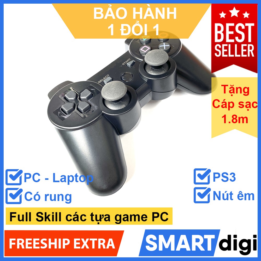 [Tặng kèm dây sạc chống nhiễu] Tay cầm PS3 không dây loại tốt - Tay cầm chơi game PC, Laptop, chơi PES, FO4 tối ưu