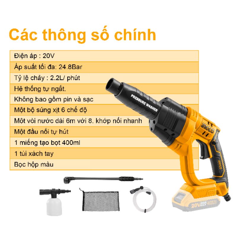 THÂN MÁY XỊT RỬA XE INGCO DÙNG PIN 20V CHÍNH HÃNG MODEL: CPWLI2008