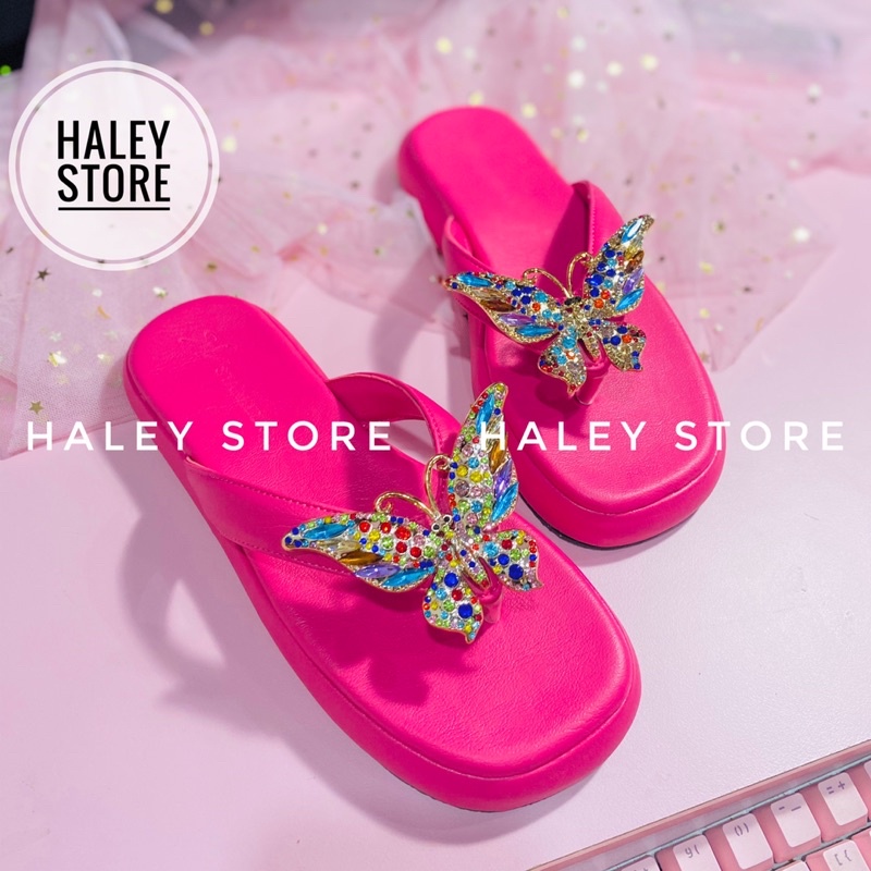 Dép nữ HALEY STORE đế bánh mì quai kẹp đính bư.ớm đá xoàn nhiều màu xinh rẻ bền đẹp tiểu thư sang trọng thời trang mới