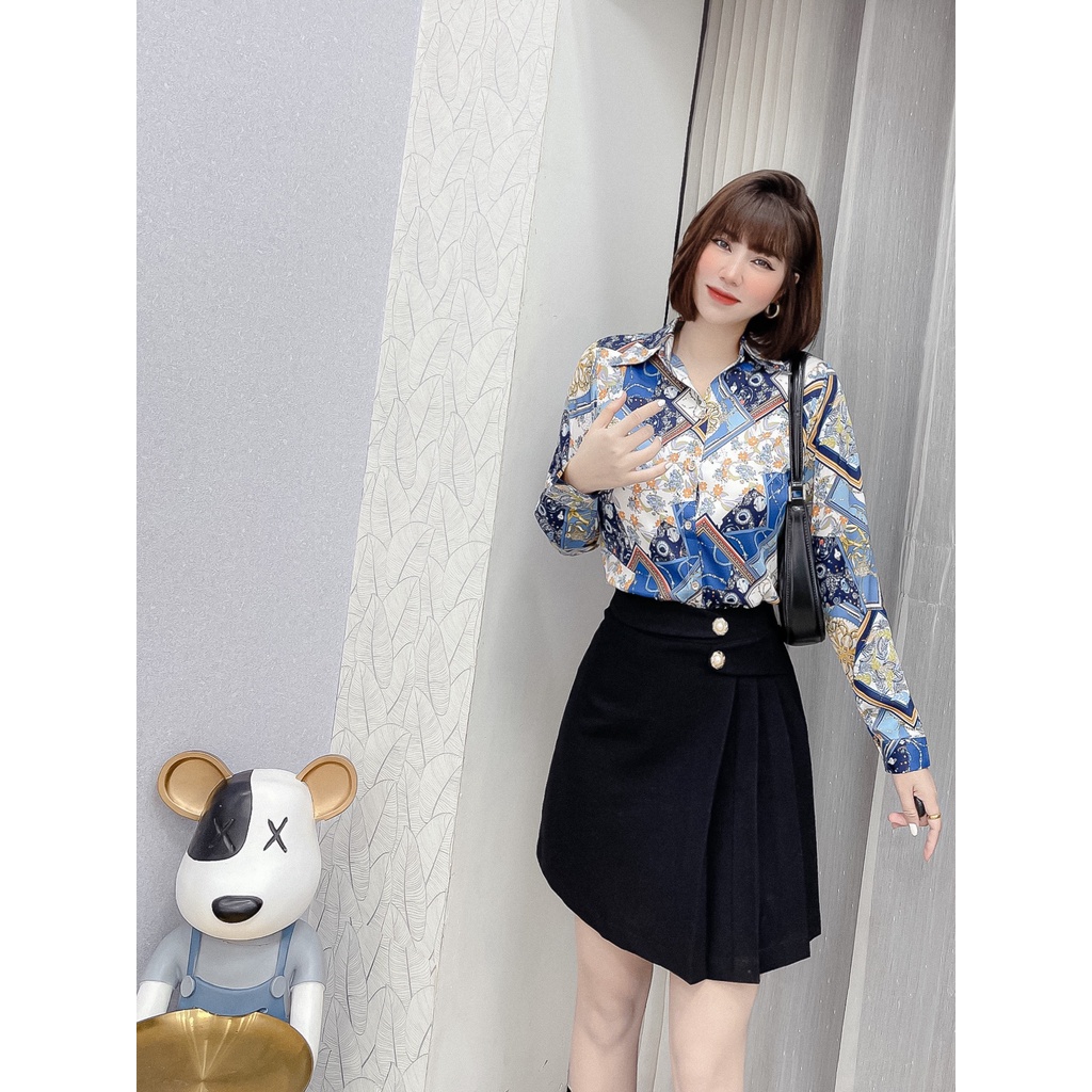 Áo sơ mi lụa dài tay nũ cao cấp công sở họa tiết hoa nhỏ cam hình xanh pastel trắng, áo sơ mi thiết kế MQ Boutique