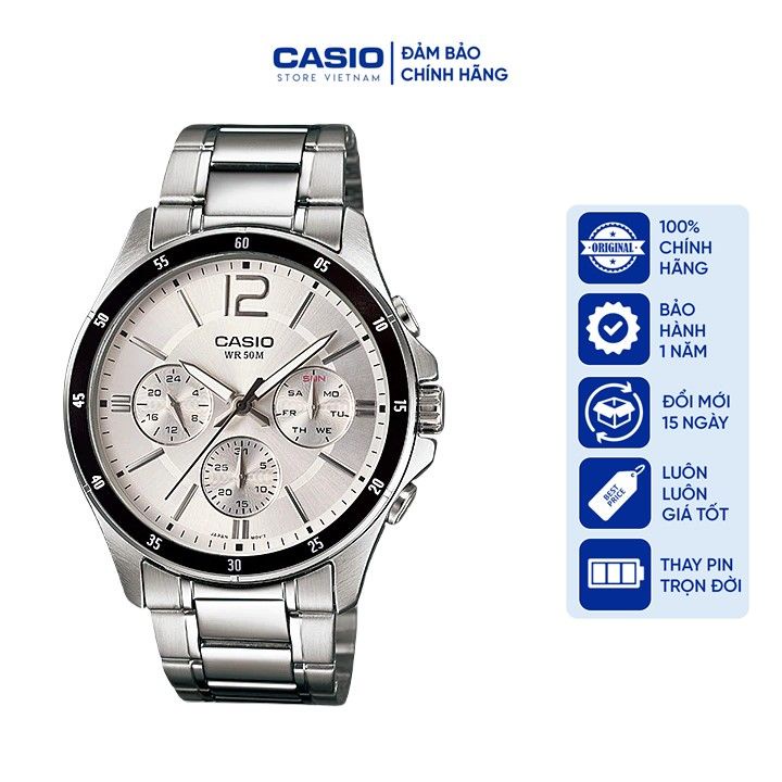 Đồng hồ Nam Casio MTP-1374D-7AV, đồng hồ chính hãng, dây bạc mặt trắng viền đen 6 kim