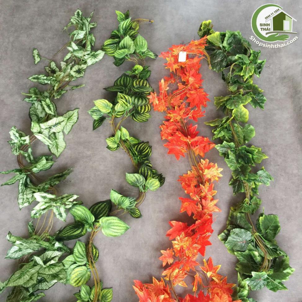 Dây leo xanh dài 2,4m, dây lá nho, lá phong đỏ, lá trầu bà, lá môn trắng bằng vải lụa cao cấp