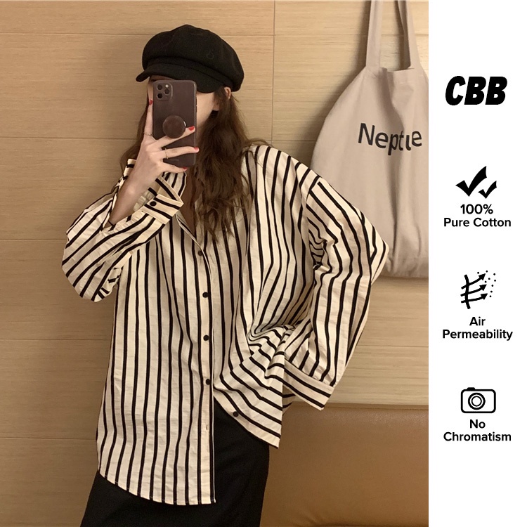 Porozi  Áo sơ mi  tay dài dáng rộng kẻ sọc phong cách Hàn Quốc dễ phối đồ dành cho nữ