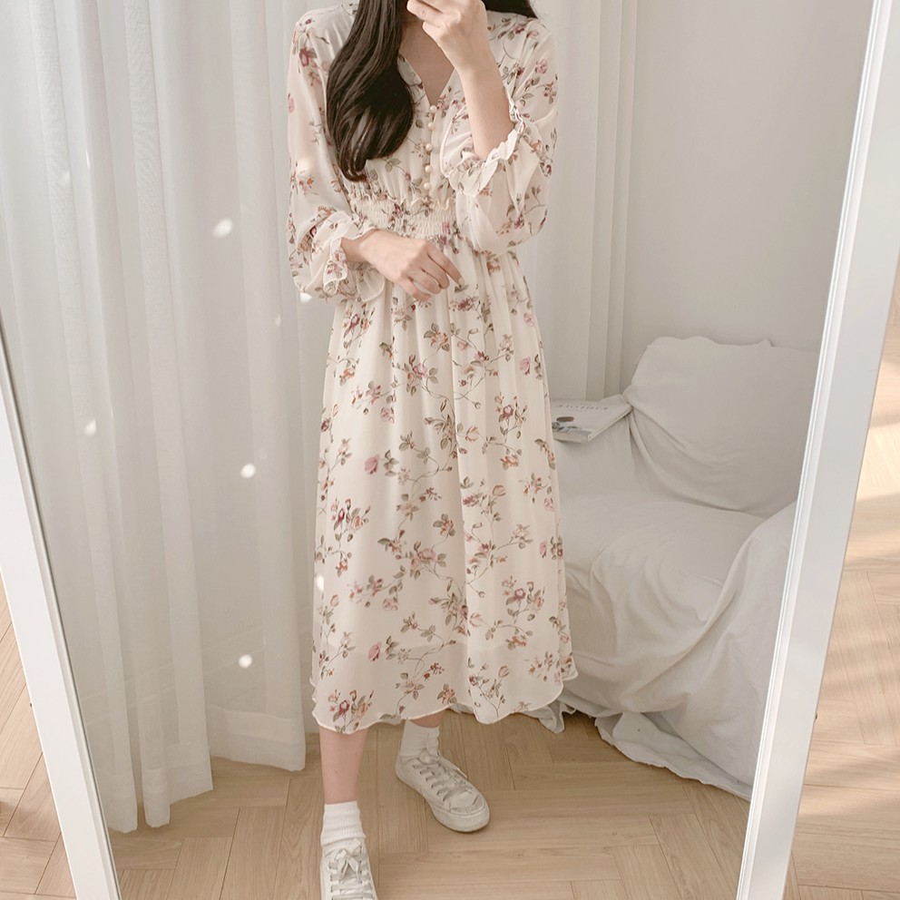 Đầm - Váy hoa nhí tay dài bo chun bèo babydoll, Đầm - Váy hoa nhí cổ V bánh bèo | BigBuy360 - bigbuy360.vn