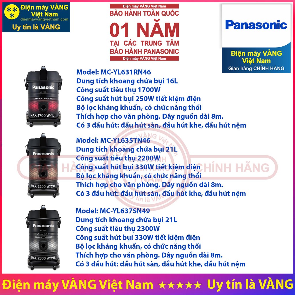 Máy hút bụi công nghiệp Panasonic MC-YL631RN46 MC-YL635TN46 MC-YL637SN49 - Hàng chính hãng