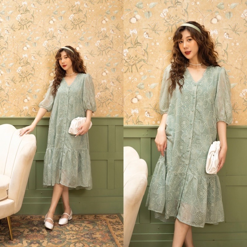 Đầm ren voan xước cúc bọc dáng suông váy đuôi cá tiểu thư dễ mặc