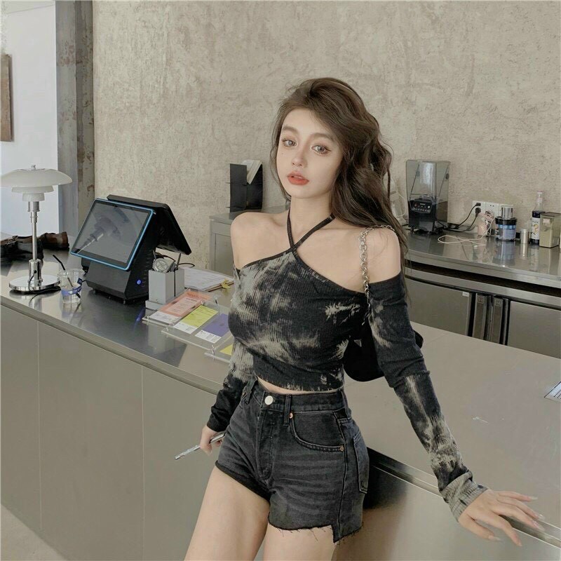 Áo ulzzang croptop cổ yếm loang màu thun co giãn tay dài