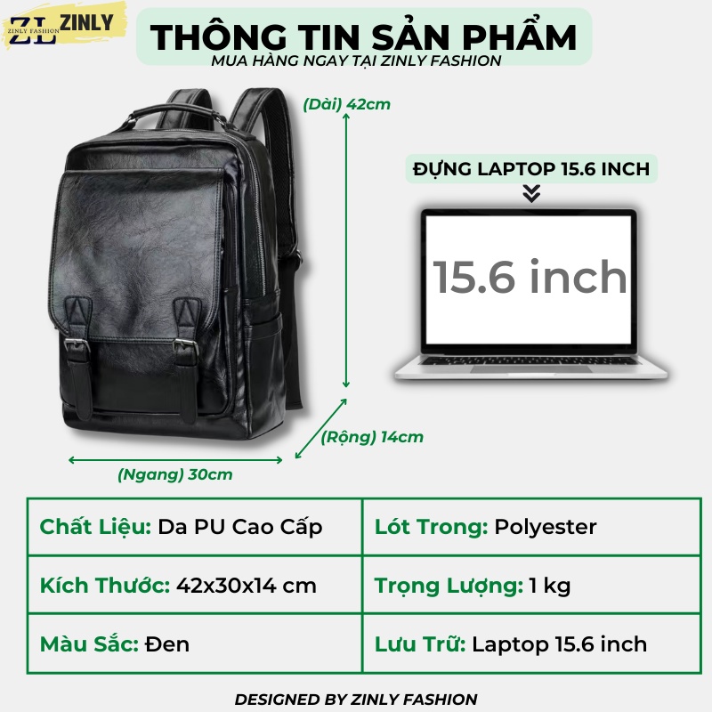 Balo Da Thời Trang Nam Nữ, Balo Da PU Cao Cấp Đựng Laptop 15,6 inh, Chống Nước Phong Cách Hàn Quốc - Zinly