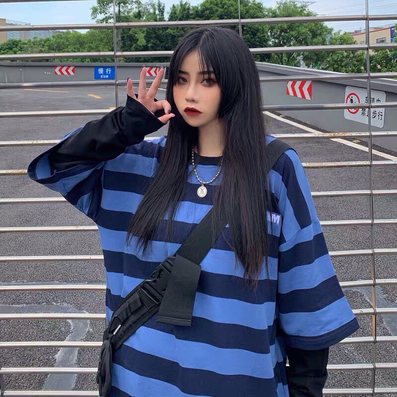Áo thun tay dài nam nữ form rộng 2N Unisex phông cotton sọc ngang THIM phối tay màu xanh dương