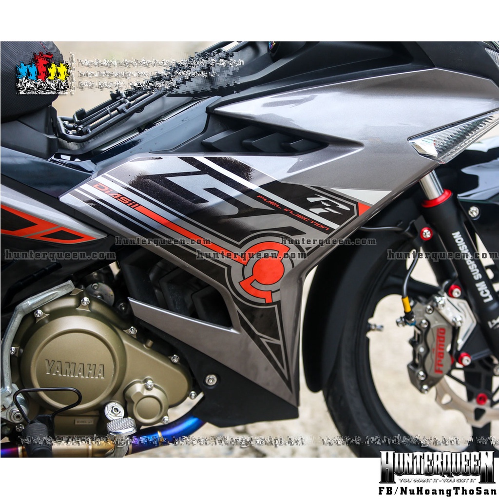 Tem rời cao cấp LC mới nhất hot 2022. Decal cam, dán xe Exciter 150 xám, mặt nạ đen. Chỉnh sửa hợp xe của khách