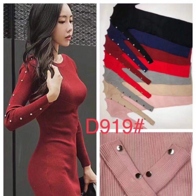 Đầm (váy) len tăm body phối cúc 2 bên tay