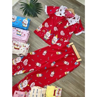 Bộ Đồ Ngủ Lụa HÀN pijama quần dài tay ngắn mặc nhà cute hoạ tiết gấu mi nhon, áo cột dây dễ thương