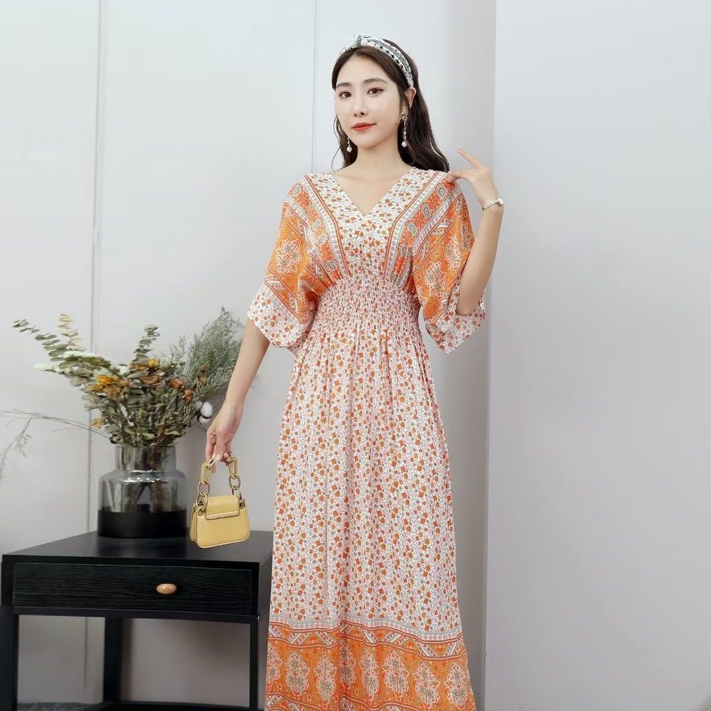 Đầm Cotton Lụa Hoa Tay Ngắn Cổ Chữ v Thời Trang Dành Cho Nữ