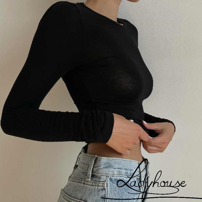 Áo Thun Crop Top Tay Dài Cổ Tròn Màu Trơn Thiết Kế Khoét Lưng Quyến Rũ
