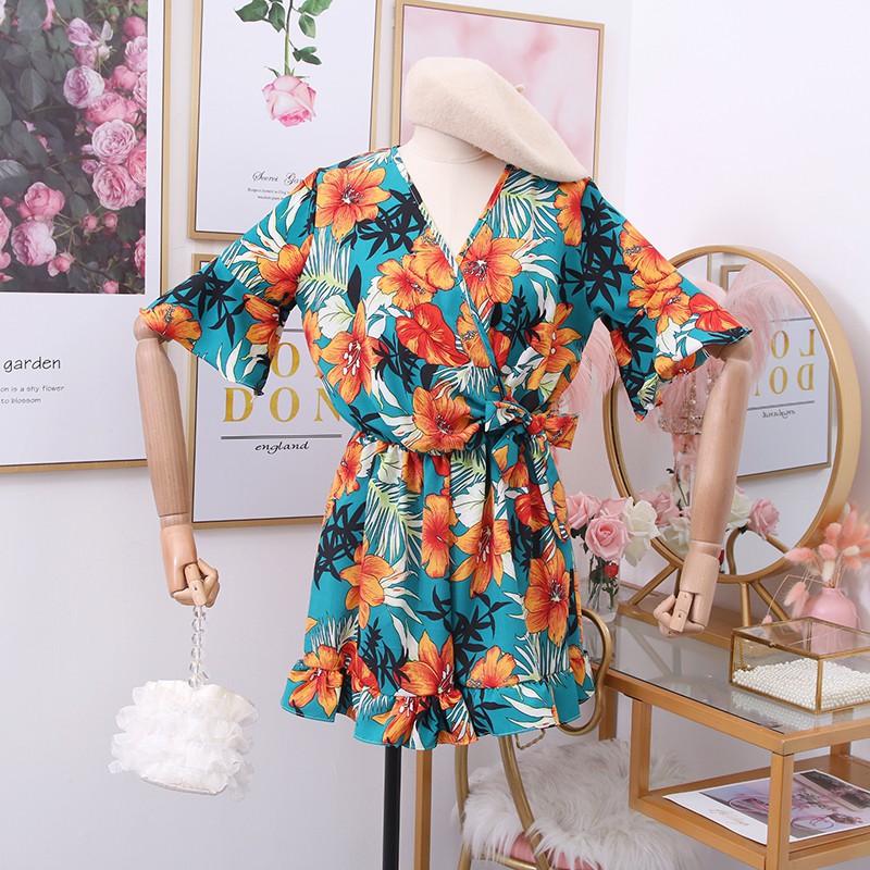 Jumpsuit Tay Ngắn Cổ Chữ V Hoạ Tiết Hoa Lá Nhiệt Đới - Nhiều màu hot (kèm ảnh shop tự chụp)