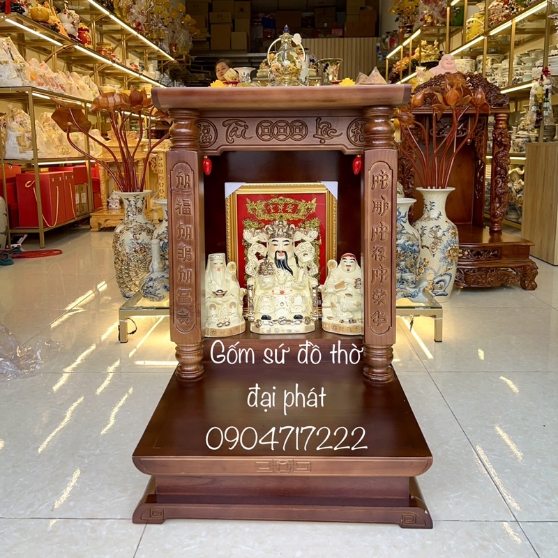 Ban thờ thần tài, trang thờ ông địa, Bộ đồ thờ thần tài, ban thờ thổ địa thần tài chất liệu gỗ xoan, kích thước 48cm