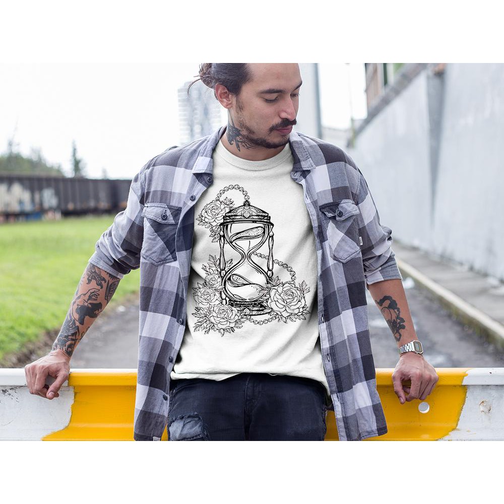 Áo thun Nam in hình đồng hồ cát và hoa hồng trắng đen - Cotton Thun Phong Cách Cá Tính - Cực Chất Và Đẹp