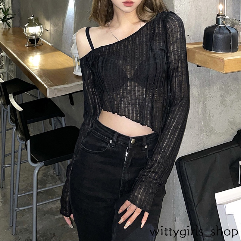 Wittygirls_shop | Áo Croptop Tay Dài Màu Trơn Thiết Kế Độc Đáo Quyến Rũ