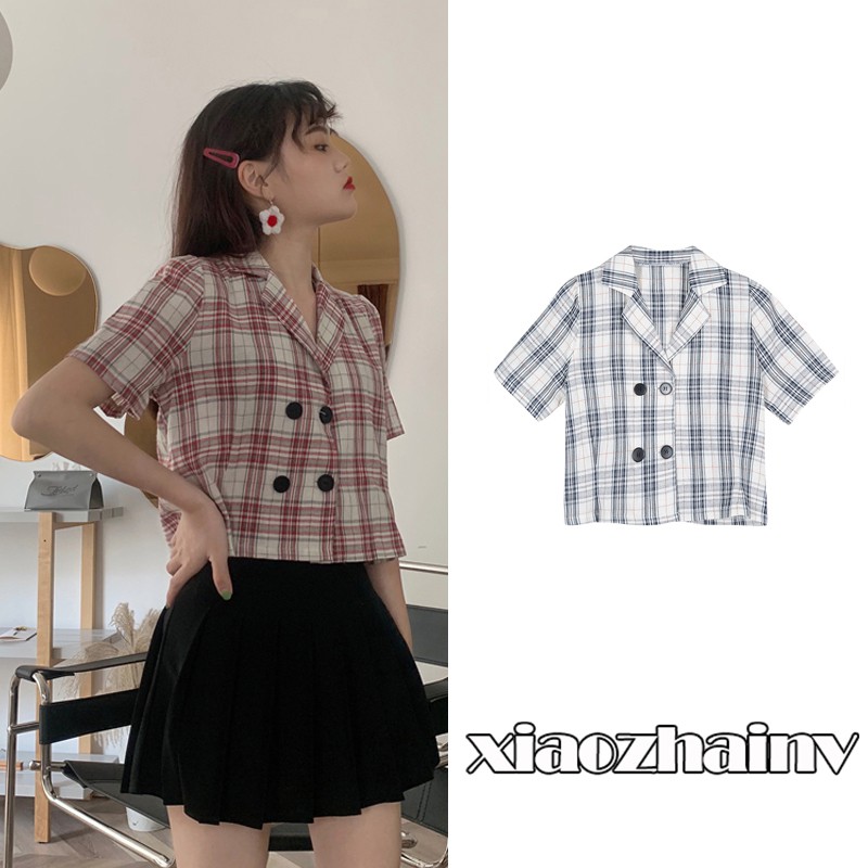 Xiaozhainv Áo sơ mi nữ tay ngắn họa tiết caro theo phong cách Hàn Quốc | BigBuy360 - bigbuy360.vn